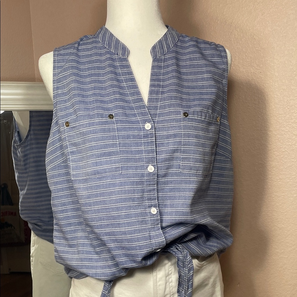 Anne Klein Blue Striped Sleeveless Blouse